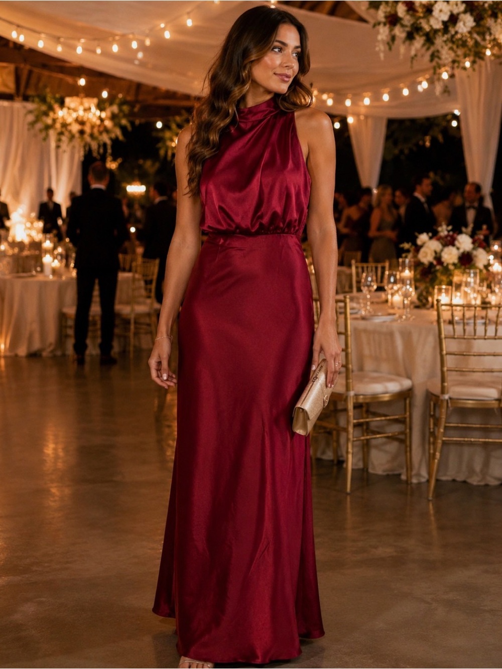 Lena High-Neck Sleeveless Red Satin Maxi Dress